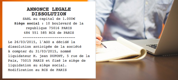 annonce legale dissolution